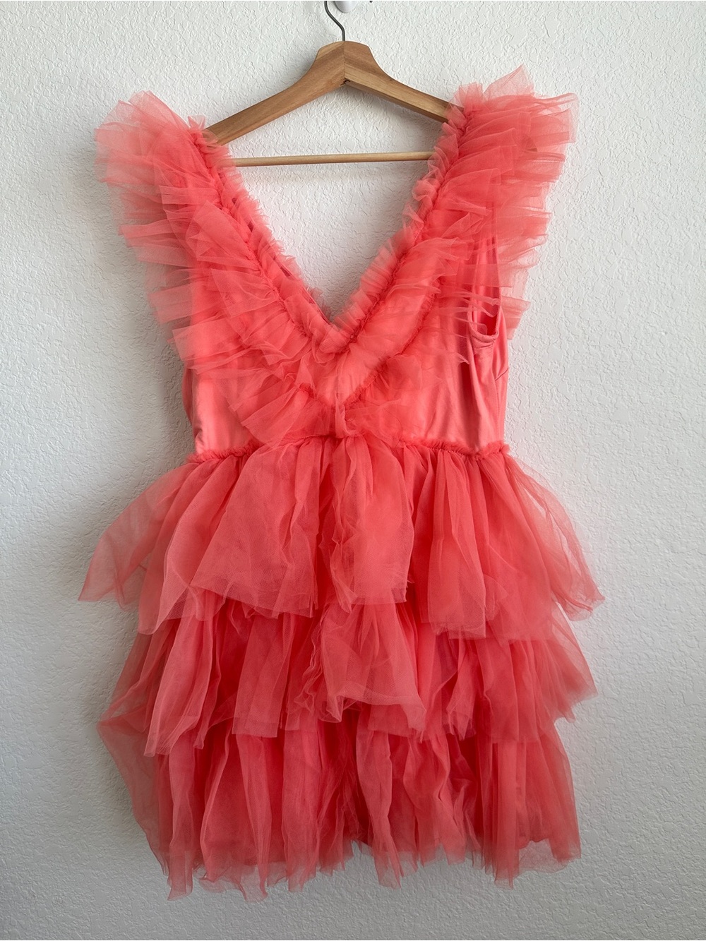 Mable Pink Salmon Solid Tulle Layered Ruffle V-Neck Sleeveless Mini Dress Size L - Picture 6 of 9